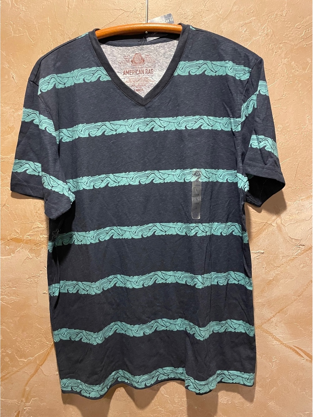 American Rag Large Navy Blue and Teal Striped V-Neck T-Shirt NWT